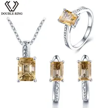 DOUBLE-R Real Diamond Wedding & Engagement Jewelry Sets Women 925 Silver 4.45ct Natural Citrine Pendant Necklaces Ring Earring