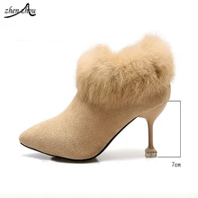 Женские ботинки новые на осень-зиму острым замши Высокий каблук короткие сапоги и ботинки телесного цвета