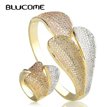 

Blucome Luxury Three Color Big Leaves Wide Bangles Ring Sets Women Lady Large Bangle Party Jewelry Sets Europe Style Accessories