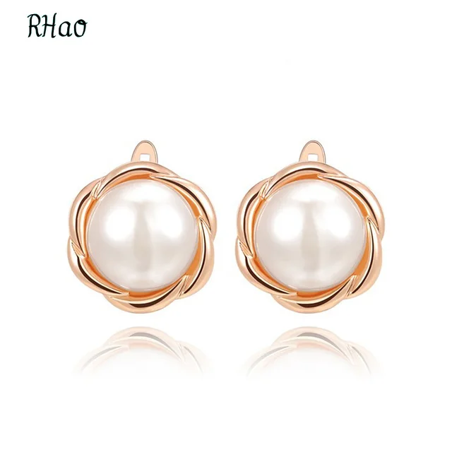 Fashion Indian Jewelry Rhao Stud Earrings Rose Gold Large Pearl Fashion Indian Jewelry Rhao Stud Earrings Rose Gold Large Pearl Pendant Flower For Women Bride
