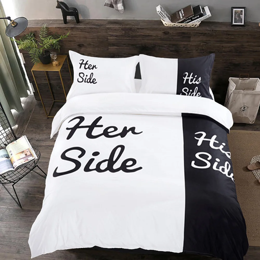 

Black white Bedding Set her side his side Duvet Cover twin queen king size Bedclothes 3pcs Home Textiles