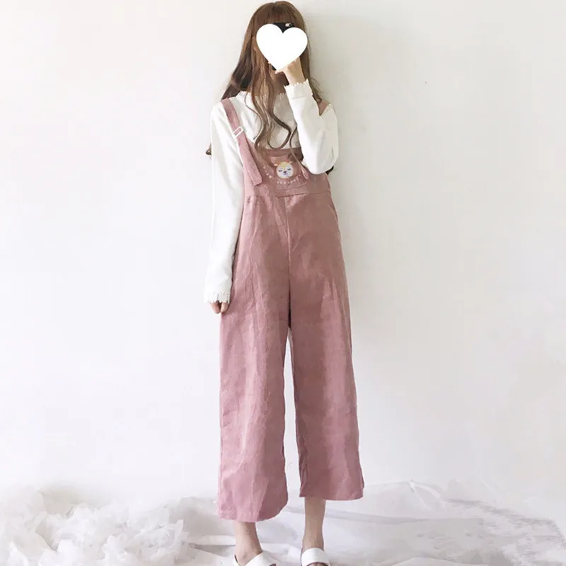 Japan Style Soft Girl Kawaii Lolita Wide Leg Jumpsuit Ankle Length Casual Loose Cartoon Embroidery Corduroy Suspenders Overalls Japan Style Soft Girl Kawaii Lolita Wide Leg Jumpsuit Ankle Length Casual Loose Cartoon Embroidery Corduroy Suspenders Overalls