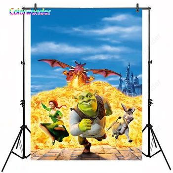 

Photo Background Green Freak Shrek Princess Sophia 5x7ft Ancient Castle with Yellow Fire Fairy Tale World Birthday Kids Backdrop