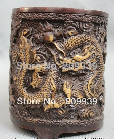 

huij 0091 Marked China Chinese Dynasty Palace Bronze 2 Dragon Statue Brush Pot Pencil Vase (A0314)