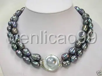 

2 Rows natural 9-10mm tahitian black pearl necklace 17"-18" MABEI CLASP