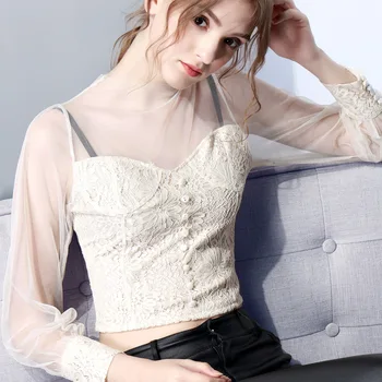 

Europe New 2018 Spring Summer Women's High Fashion Sexy Lace Gauze Patchwork Crop Top T Shirt Female Button Transparent T Shirts