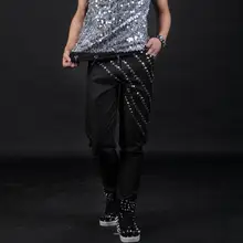 Сценические мужские черные брюки с заклепками, мужские брюки, певица, танцевальная рок-мода, панталоны для мужчин, уличный стиль звезды