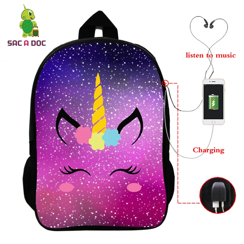 Рюкзак с единорогом Mochila Unicornio, рюкзак для ноутбука, рюкзак для подростков, женщин, мужчин, повседневный рюкзак с изображением Галактики, школьные сумки для путешествий, USB зарядка - Цвет: 8