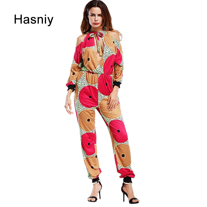 Hasniy cold shoulder printed jumpsuits rompers women hollow out sexy