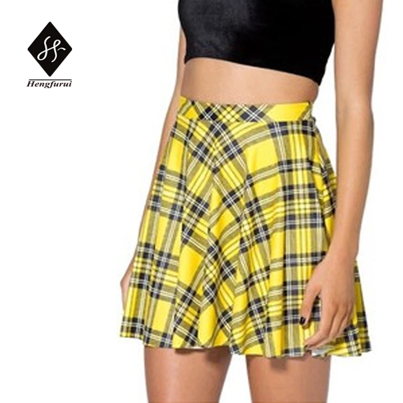 2016 Women's Skirts Boutique Digital Sky Yellow Pleated Skirt England Plaid Skirt Skating Group