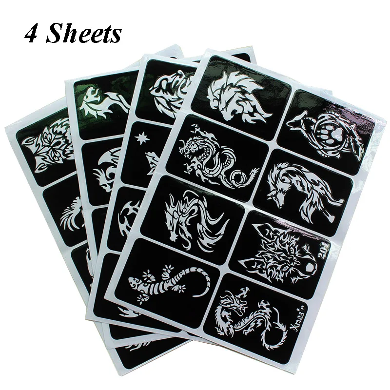 Airbrush Tattoo Stencil tattoo sticker henna tattoo stencils temporary tattoo sticker 32pcs/lot For Man Boy Body Painting Dragon Skull Wolf Eagle Self-Adhesiver Tattoo Sticker Templates