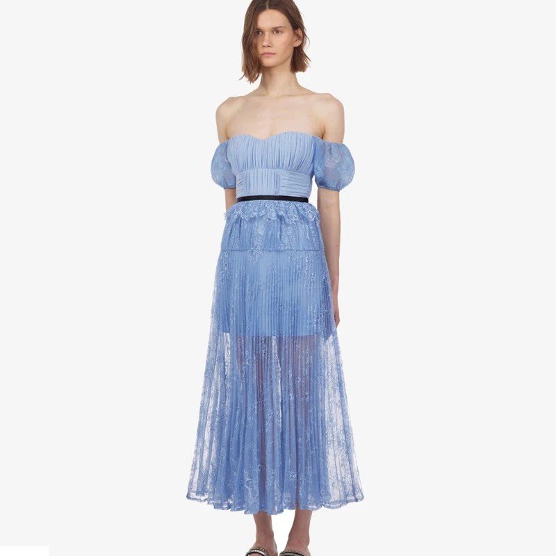

2019 New Fashion Lace Woman Blue Dress High Waist Backless Patchwork Embroidery Draped Maxi Dresses Beach Vacation Dresses