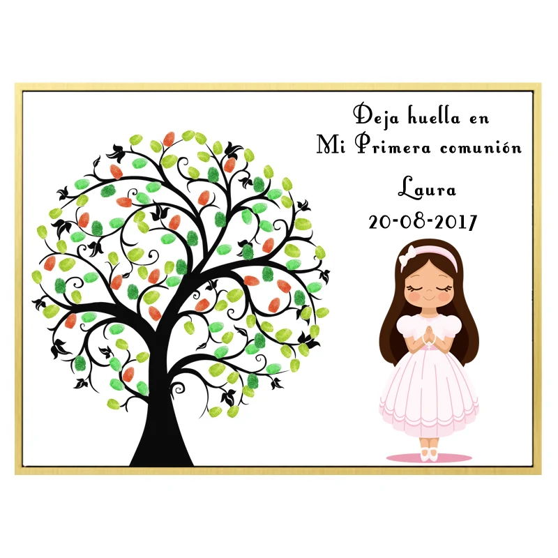 

Personalized First Holy Communion Gift For Girl Christening Fingerprint Tree Guestbook Baptism Souvenir Print on Canvas & Inkpad