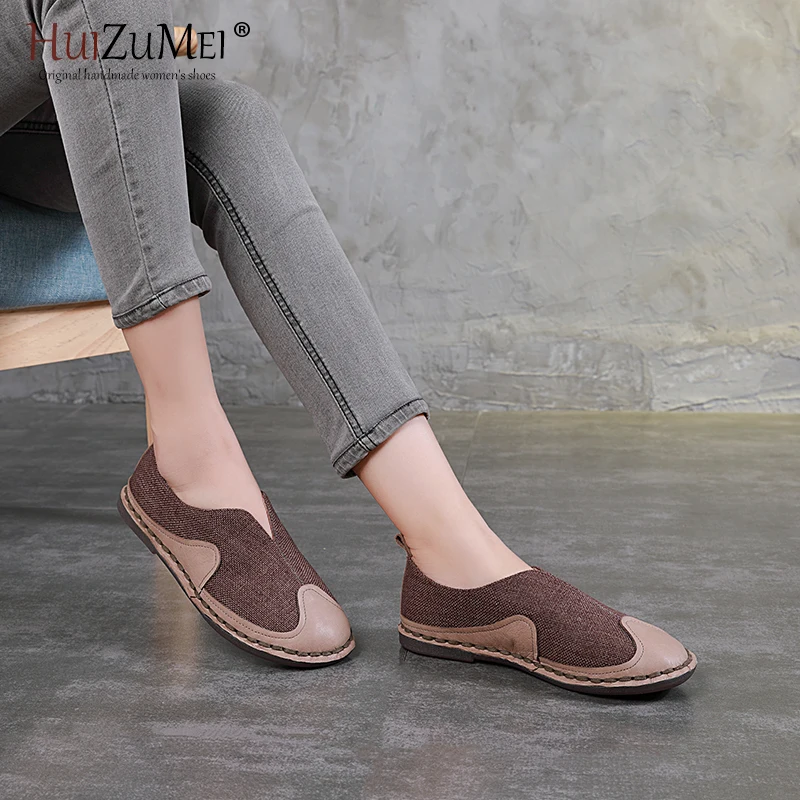 

HUIZUMEI Hot Latest Flats Single Shoes Women 2019 Autumn And Winter New Retro Hand-made Leather Flax Sluggard Women's Shoes