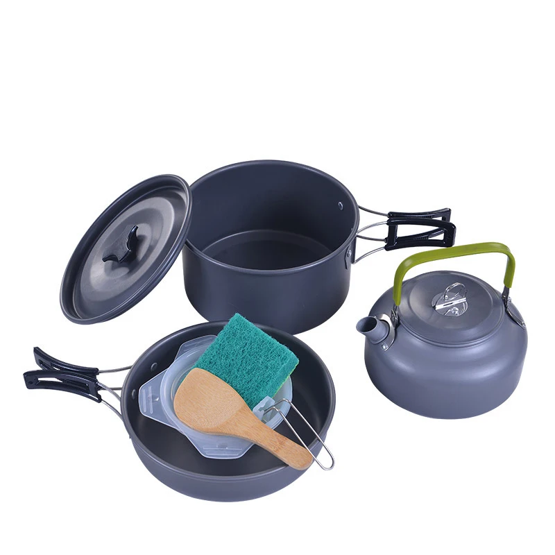 

Portable Outdoor Camping Tableware Survival Hiking Picnic Cookware Backpacking Hard Alumina Pot Boiler Frying Teapot Set Kettle