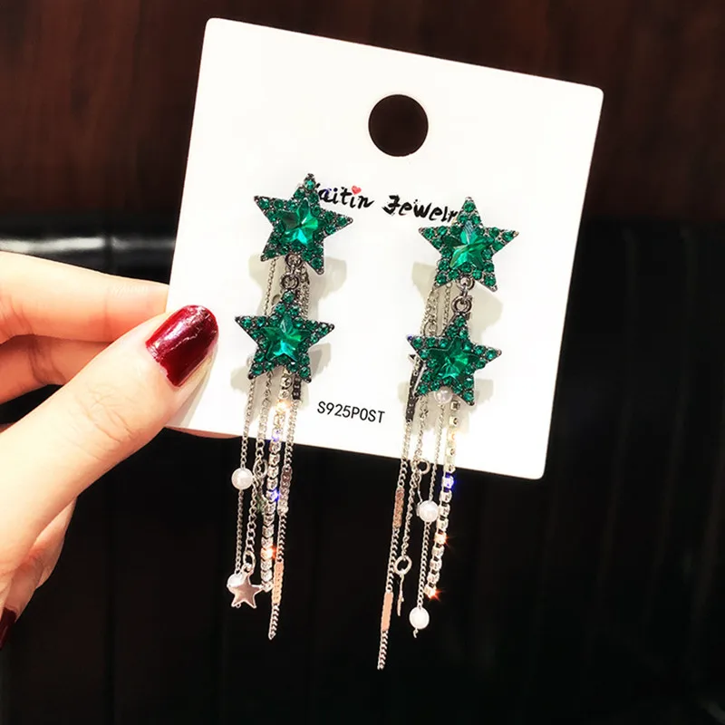 FYUAN Korean Style Shiny Star Drop Earrings for Women New Bijoux Long Tassel Blue Crystal Dangle Earrings Jewelry Accessories
