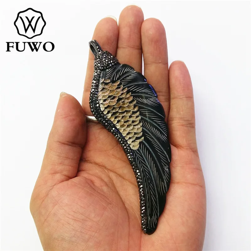 FUWO оптовая продажа натуральный рог буйвола Резные Подвески крылья с бусинами