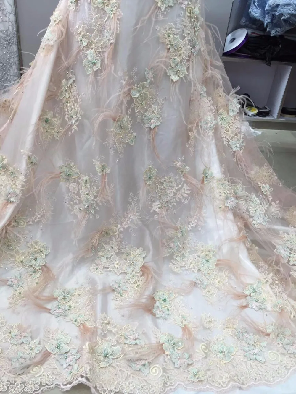 3yards 3D lace fabric with Ostrich feather, nude heavy bead lace fabric for haute couture dress
