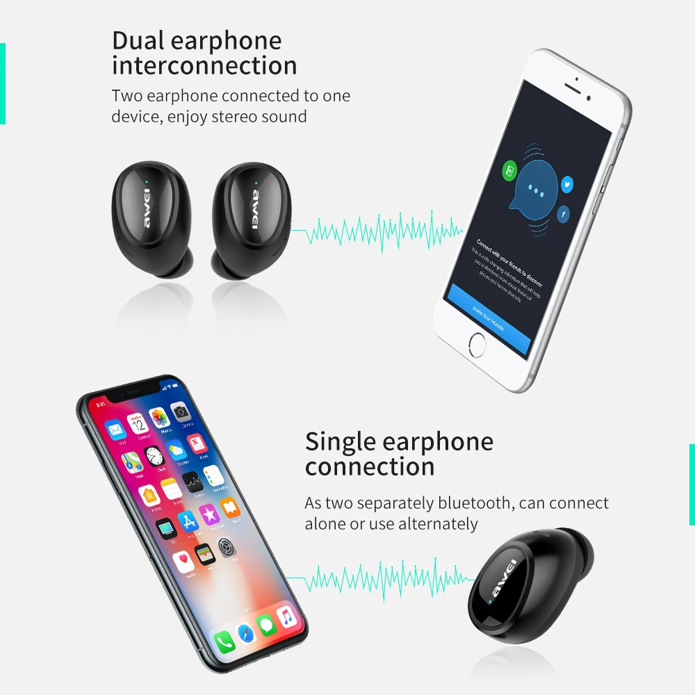 Awei T5 TWS V5.0 HiFi настоящие беспроводные стерео спортивные Eearbuds наушники Bluetooth наушники с двойным микрофоном гарнитура с зарядным чехлом
