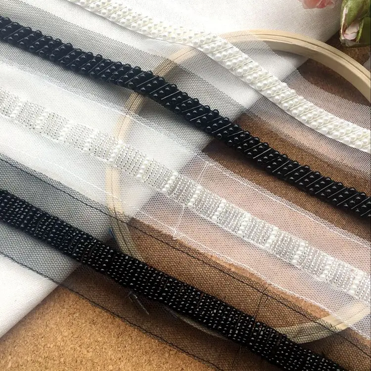 Mesh beaded good quality hand sewn lace clothing trim Heavy work lace DIY wedding shoulder strap belt dress accessories