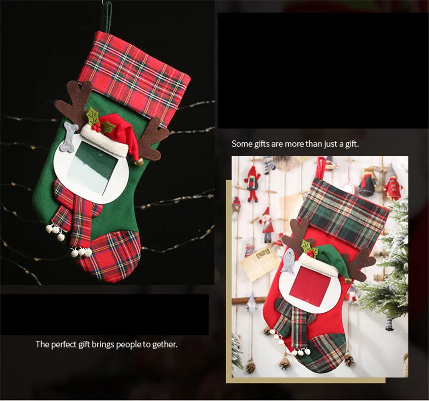 Большие носки с Санта-Клаусом; прозрачные рождественские носки в клетку с фоторамкой; детские подарочные сумки ярких цветов; рождественские украшения для дома; украшения для рождественской елки