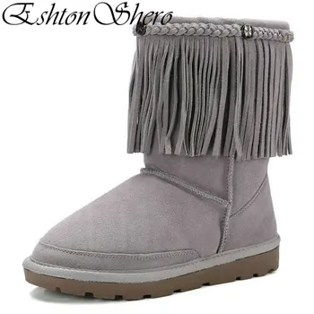 

EshtonShero Shoes Women's Mid Calf Boots Black Cow Suede+Plush LowHeel Elegant Winter Keep Warm Ladies Snow Boots Size 34-40