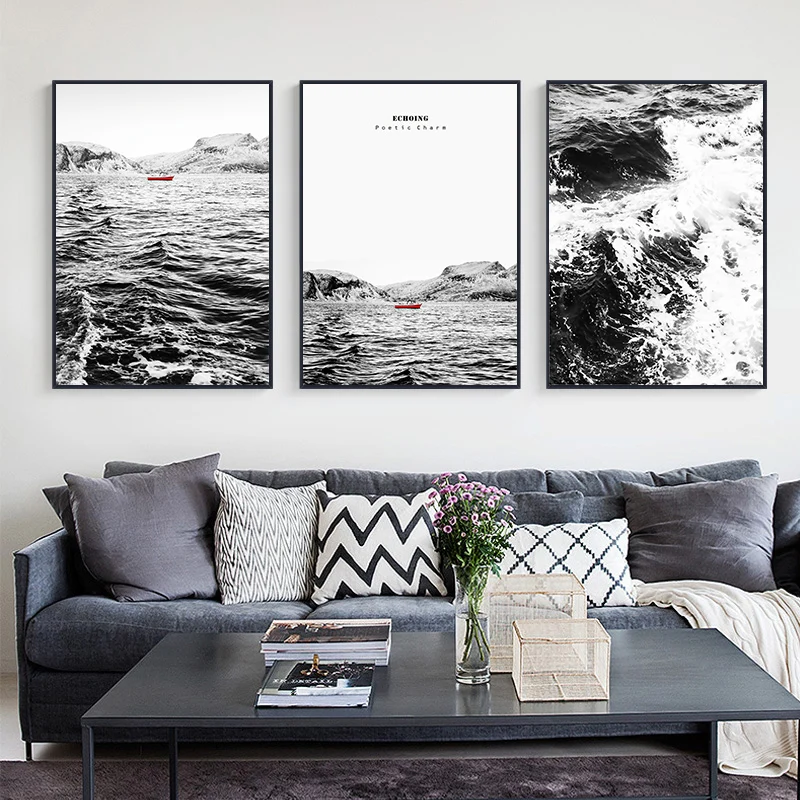 

Black and White Ocean Landscape Canvas Painting Seaview Butterfly Boat Poster Print Living Room Decor Scandinavian Wall Pictures
