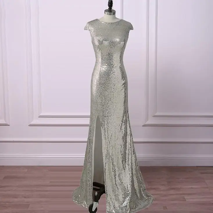 VENSANAC 2018 O Neck Sequined Split Long Mermaid Evening Dresses Elegant Party Zipper Back Sweep Train Prom Gowns