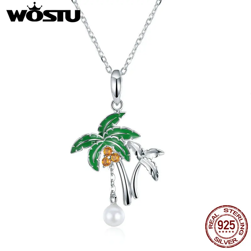 

WOSTU 100% Genuine 925 Sterling Silver Coconut Palm Tree Pendant Necklace For Women Silver Jewelry Fashion Brand Gift CQN257