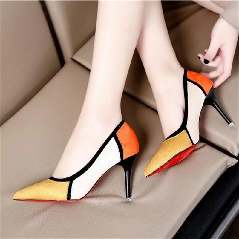

2017 New Arrival matching Pointed Toe Office Shoes Women's Fashion Solid Flock Shallow High Heels Shoes for Women shoes E102