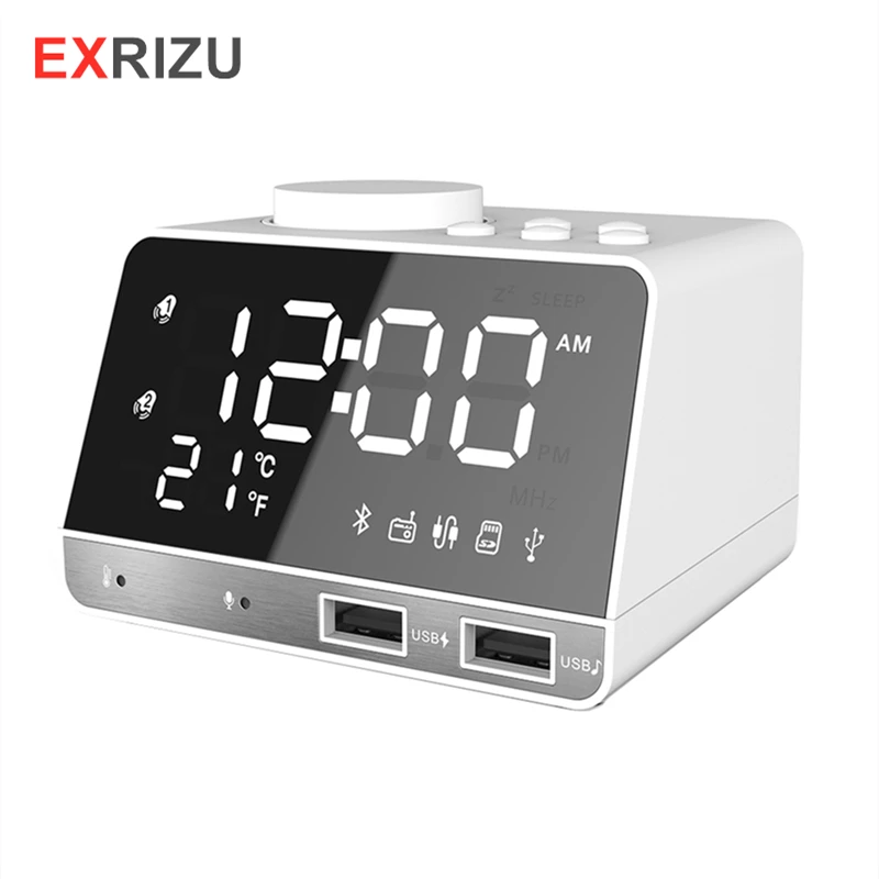 

EXRIZU Bluetooth Speaker LED Screen Snooze Digital FM Radio Table Alarm Clock USB Charge 1.1A+2.1A TF Player for iPhone Android