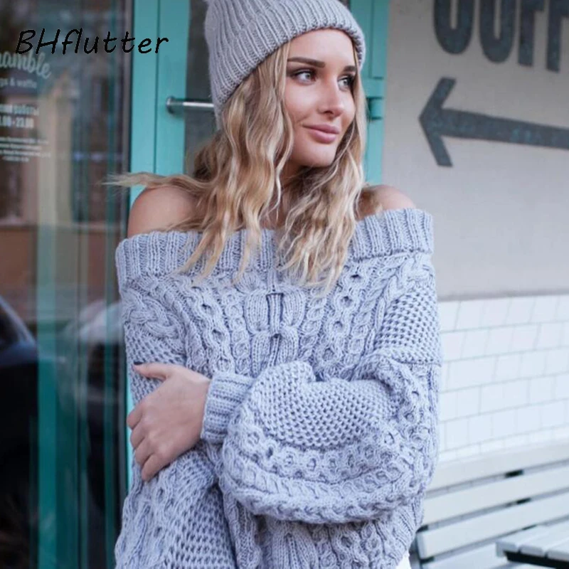 BHflutter 2017 Women Winter Pullover Off Shoulder Criss Cross Knitted Sweater Thick Warm Long 