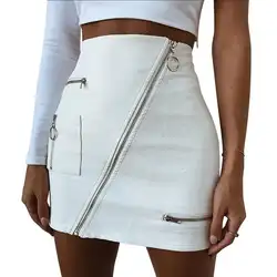 Для женщин сексуальная искусственная кожа молния Белый Bodycon короткая юбка