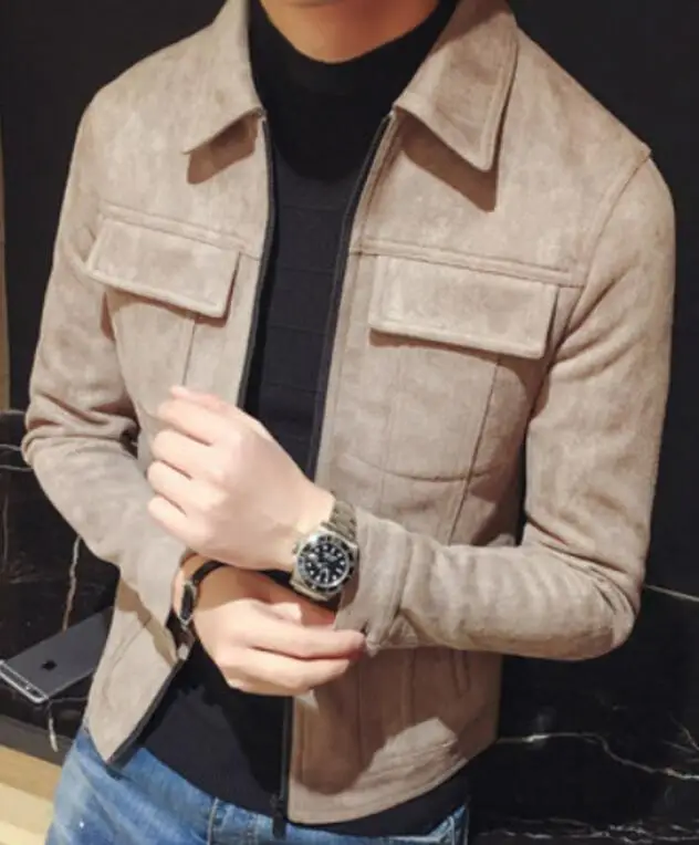 Мужские замшевые лацкане коротким мотоциклетная куртка Slim Fit Топы пальто Верхняя