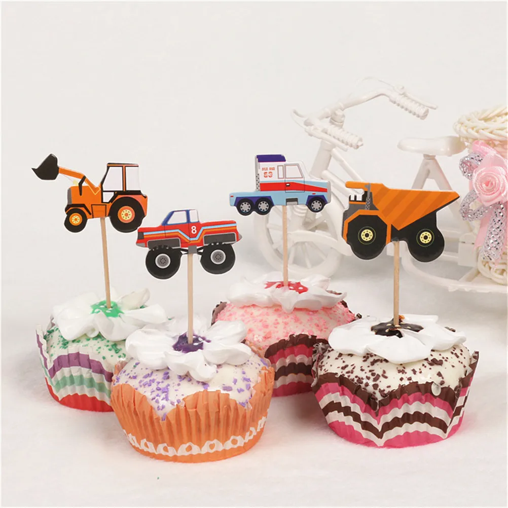 24Pcs Cartoon Wedding Cupcake Toppers Excavators Truck