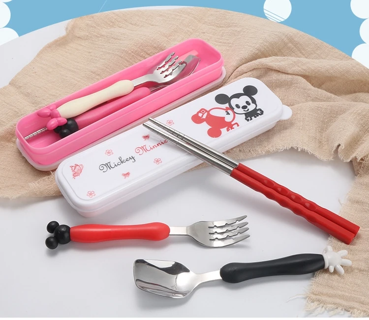 

stainless steel spoon fork chopstick set Kawaii Mickey Minnie Children Dinnerware Set cartoon Kitchen training tools tableware