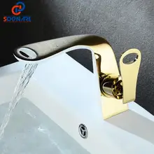 Bathroom Faucet Waterfall Deck Mounted Single Lever Sink Mixer Hot Cold Tap Basin Faucet Gold Brass Taps Mixer Cold And Hot solid brass bathroom sink faucet single handle waterfall spout basin mixer tap hot and cold water faucet deck mounted