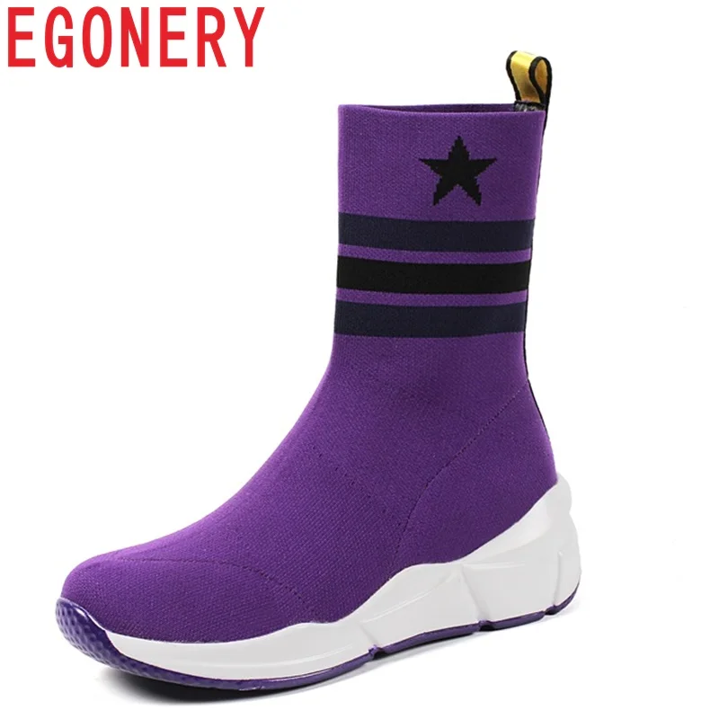 

EGONERY new fashion stretch fabric ankle boots high wedges platform round toe slip-on black and purple comfortable women shoes
