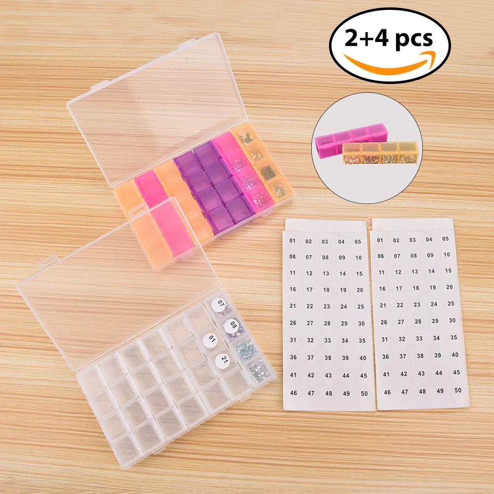 

2 Boxes+4Pcs of Label Stickers Plastic Organizer Box Jewelry Embroidery Storage Case Medicine Case Diamond Painting Accessories