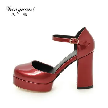 

fanyuan 2019 summer spring platform block high heels shoes for women patent PU buckle strap woman sandals big size 45 46