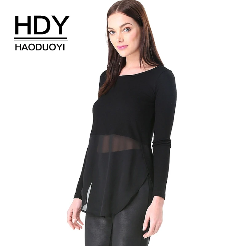 HDY Haoduoyi шифон контраст ребристые Туника Sheer Мода трикотажный топ осенний свитер