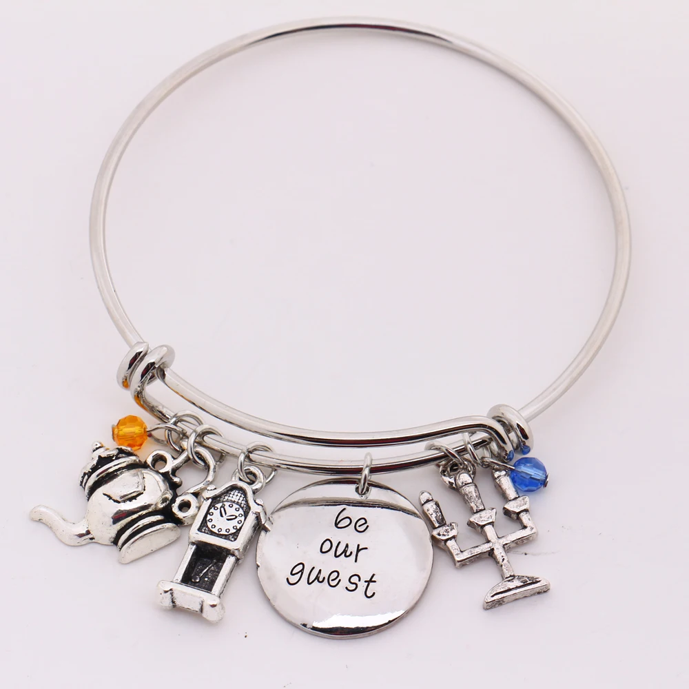 

Beauty and the Beast Bangle"be our guest"Pendant with Pendulum,Candlestick Charms Bangle Bracelet for Halloween Christmas Gift