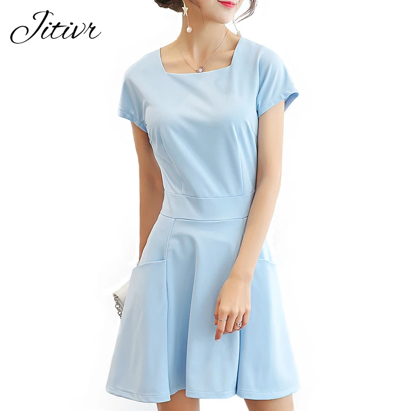 JITIVR Women's Dresses Spring Summer Dress Casual Solid Short Sleeve
