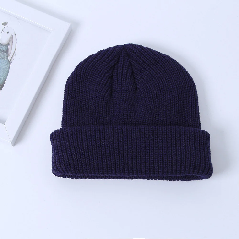 Зимняя вязаная Кепка унисекс в рубчик с манжетами, уличная одноцветная шапка с черепом, Ретро стиль, лыжная шапка, мешковатая шапка Z65 - Цвет: Navy