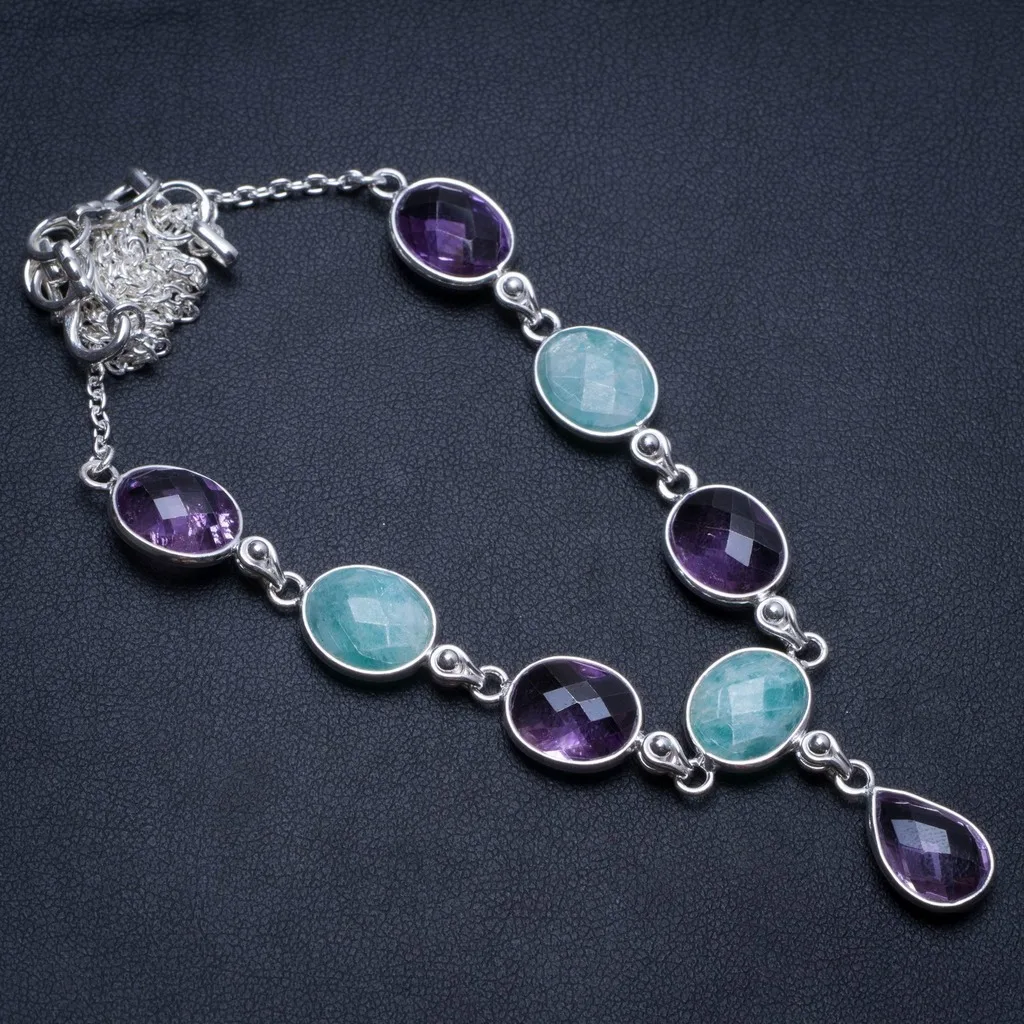 

Natural Amazonite and Amethyst Handmade Unique 925 Sterling Silver Y Necklace 17" T8723