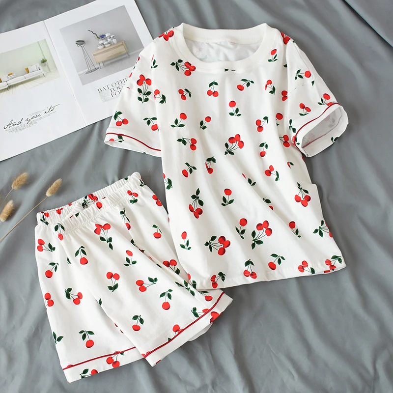 

KISBINI 2019 Summer Women's Pajamas Short Sleeve Set Cherry Print 100% Cotton Soft T-shirt+Shorts Sets Sleepwear Women Homewear