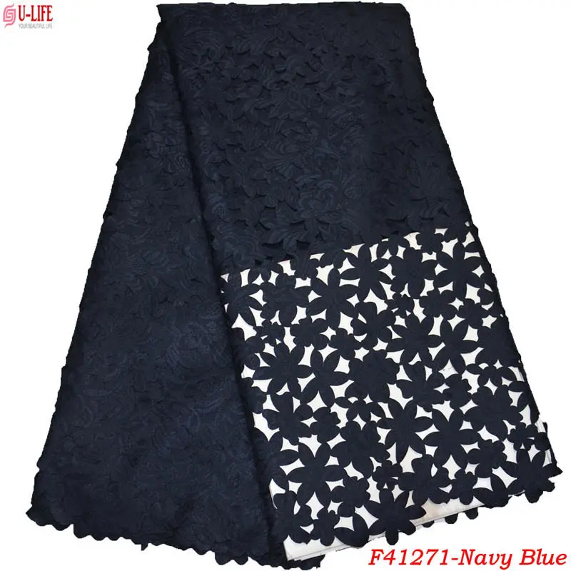 

Hot sale African lace fabric 2018 High quality laser cut lace fabric Navy blue Color Nigerian lace fabrics for women F4-1271