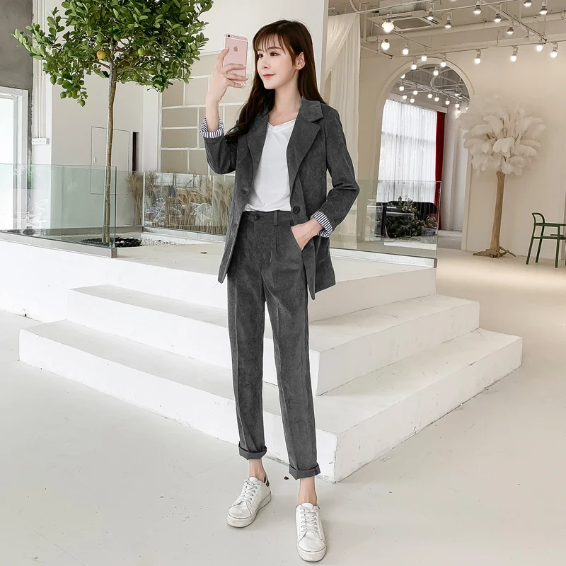 Veste Et Breasted Nouveau Pantalon Bureau 1 Mode 2 Ensemble Pour Travail 2 En Pièce De Dame Blazer 3 Femmes Costumes Solide Velours Costume Côtelé Double UxTUqw6r