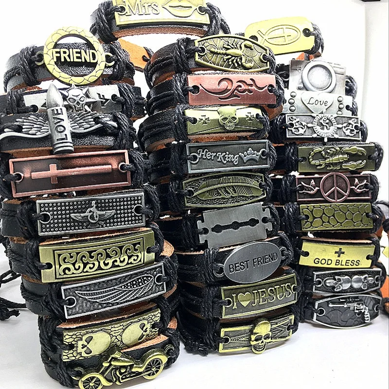 

MIXMAX 30/50pcs genuine Cuff leather Bracelet Men Women mosaic Copper alloy bracelet bangle Handmade Jewelry Wholesale Lots Bulk