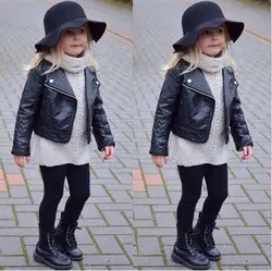 Модная крутая детская одежда для маленьких девочек, куртка из искусственной кожи, тонкие черные пальто на молнии для детей 2-7 лет